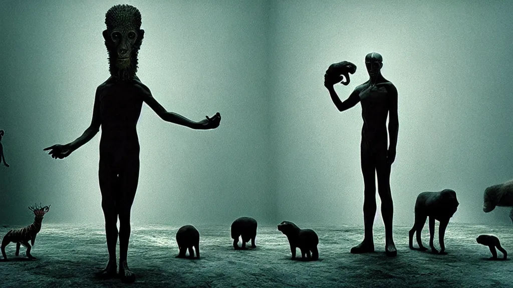 Image similar to hypercube four dimensional man, surrounded by animals, film still from the movie directed by denis villeneuve and david cronenberg with art direction by salvador dali and zdzisław beksinski, wide lens