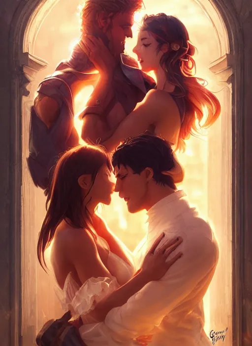 Image similar to cheesy romance novel cover by artgerm and greg rutkowski and magali villanueve