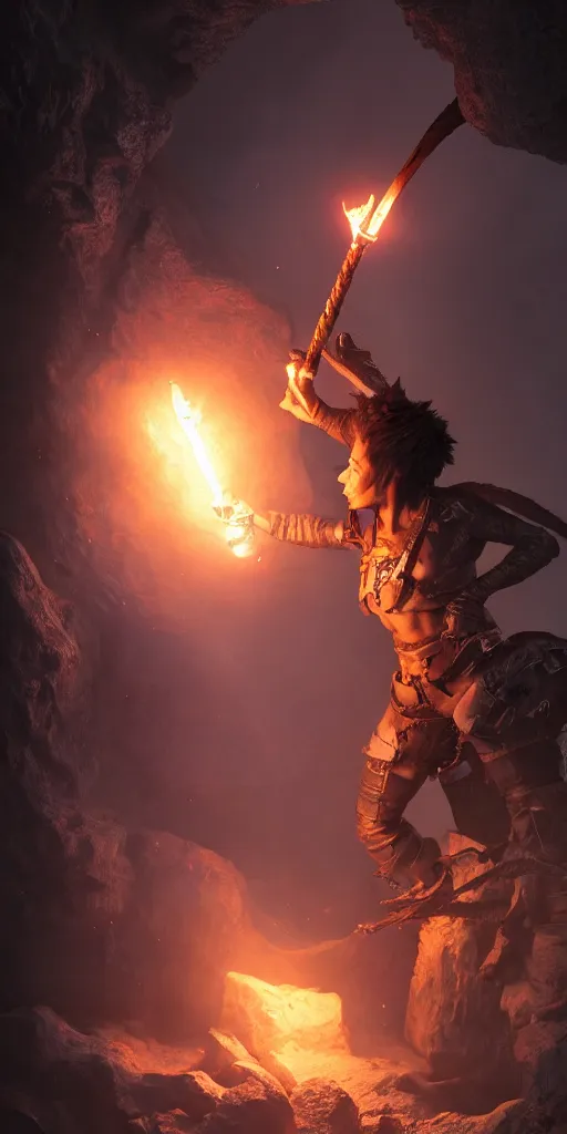 Image similar to a epic hero adventurer holding a torch in a dark cave, fantsy, concept art, artgerm, monster hunter world, 8 k realistic, radiant light, frostbite 3 engine, dof, cryengine, digital art, detailed background