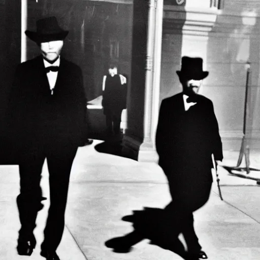 Image similar to a mysterious man in a black suit and black hat is walking towards camera. he has a pistol. strong shadows, high contrast, atmospheric