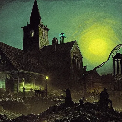 Prompt: zombies, innsmouth, fishing town, church, night, dramatic light, lovecraft, painted by caspar david friedrich