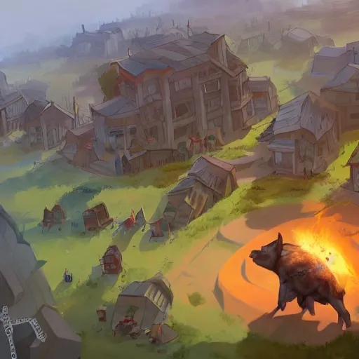 Prompt: giant boar destroying a town while bystanders watch, 4k, detailed, illustration, artstation - Porforever, by porforever,