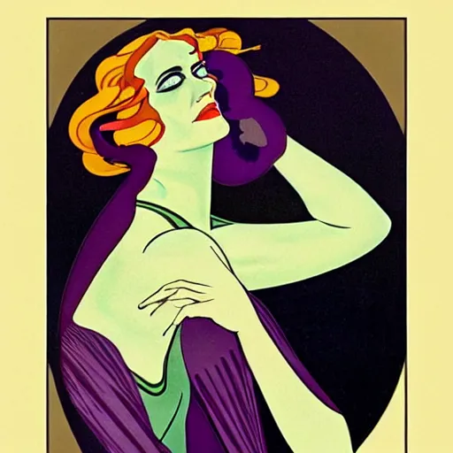 Prompt: Eva Green is Metamorpho, the Element Woman, Art by Coles Phillips, Chalk white skin, deep purple hair, Green eyes, Portrait of the actress, Eva Green as Metamorpho, geometric art, art deco, Alphonse Mucha, Vasily Kandinsky, carbon black and antique gold