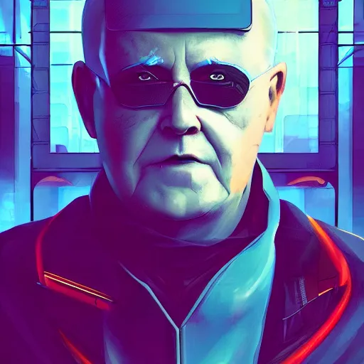 Image similar to cyberpunk mikhail gorbachev as the leader of a futuristic communist nation, cybernetics, sharp lines, digital, artstation, colored in