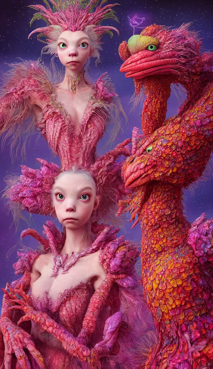 Image similar to hyper detailed 3d render like a Oil painting - kawaii portrait Aurora (a beautiful skeksis muppet fae queen from dark crystal that looks like Anya Taylor-Joy) seen red carpet photoshoot in UVIVF posing in scaly dress to Eat of the Strangling network of yellowcake aerochrome and milky Fruit and His delicate Hands hold of gossamer polyp blossoms bring iridescent fungal flowers whose spores black the foolish stars by Jacek Yerka, Ilya Kuvshinov, Mariusz Lewandowski, Houdini algorithmic generative render, Abstract brush strokes, Masterpiece, Edward Hopper and James Gilleard, Zdzislaw Beksinski, Mark Ryden, Wolfgang Lettl, hints of Yayoi Kasuma, octane render, 8k