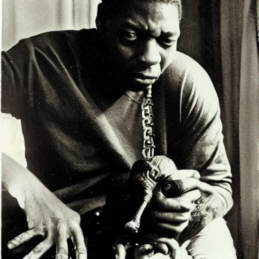 Image similar to john coltrane snuggling a slimy goblin