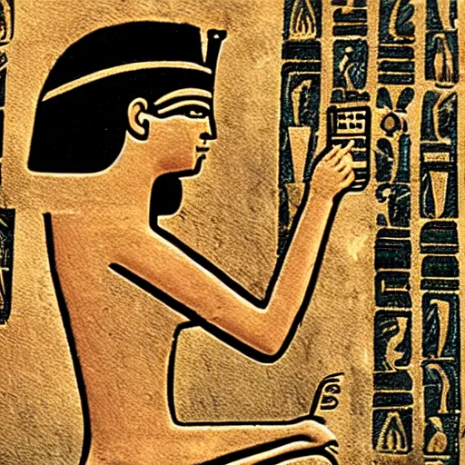 Image similar to ancient egyptian hieroglyphs depicting a person listening to a Walkman CD player