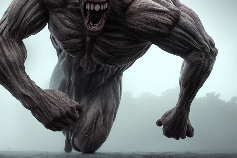 Prompt: a giant screaming titan made of muscles and flesh, very angry, misty, foggy, ambient light, terror, glows, realistic, photo-realism, hyper realism, picture, detailed, 3D render, scary, terror,