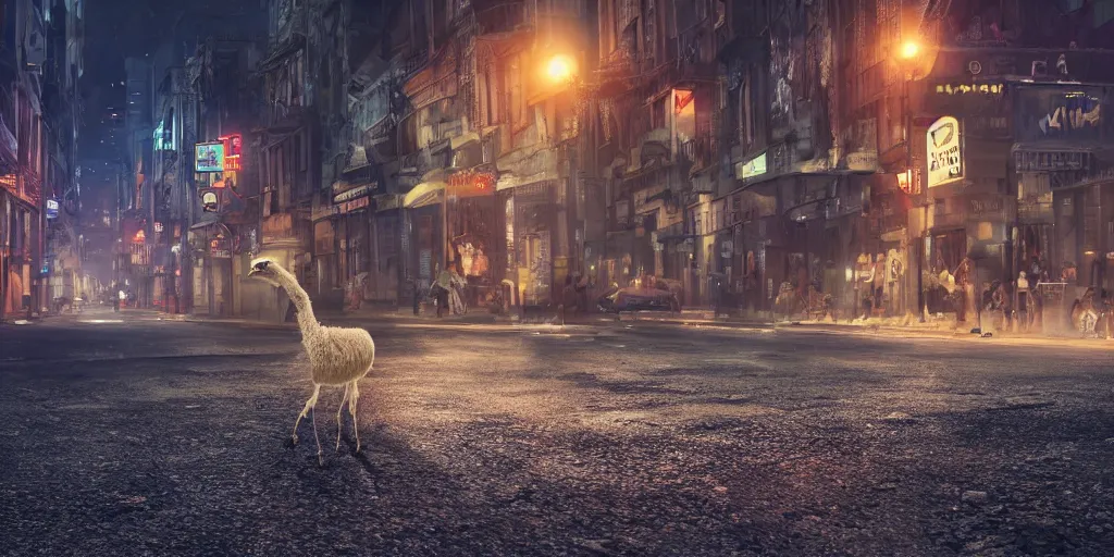 Image similar to a llama walking through a desolate city street at night, realistic 4 k octane beautifully detailed render, 4 k post - processing, highly detailed, intricate complexity, epic composition, magical atmosphere, cinematic lighting, masterpiece, ultra hd