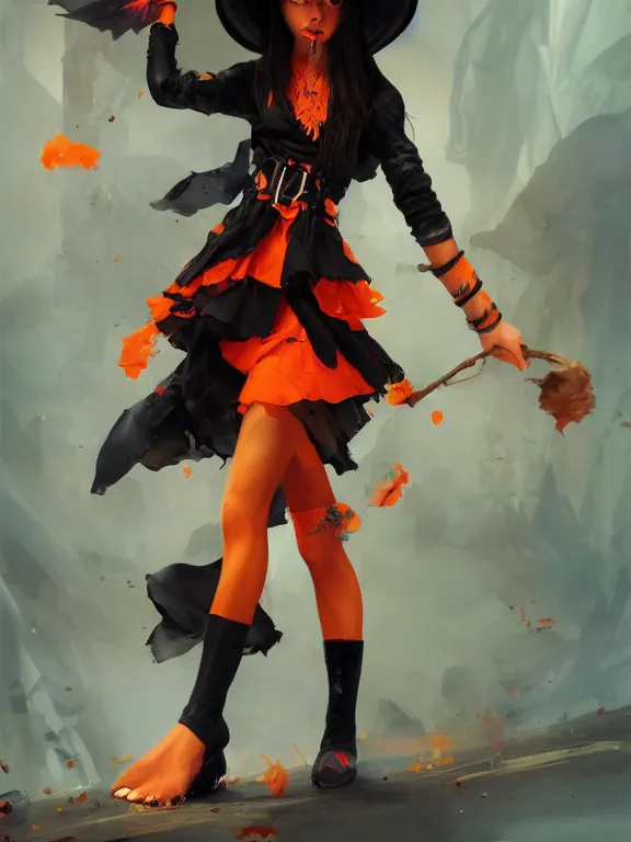 Image similar to Full shot of a cute mischievous young witch about to get up to some trouble. Latin inspired fashion. Black and Orange palette. By Ruan Jia and Artgerm and Range Murata and WLOP and CLAMP. Key Art. Fantasy Illustration. award winning, Artstation, intricate details, realistic, Hyperdetailed, 8k resolution.