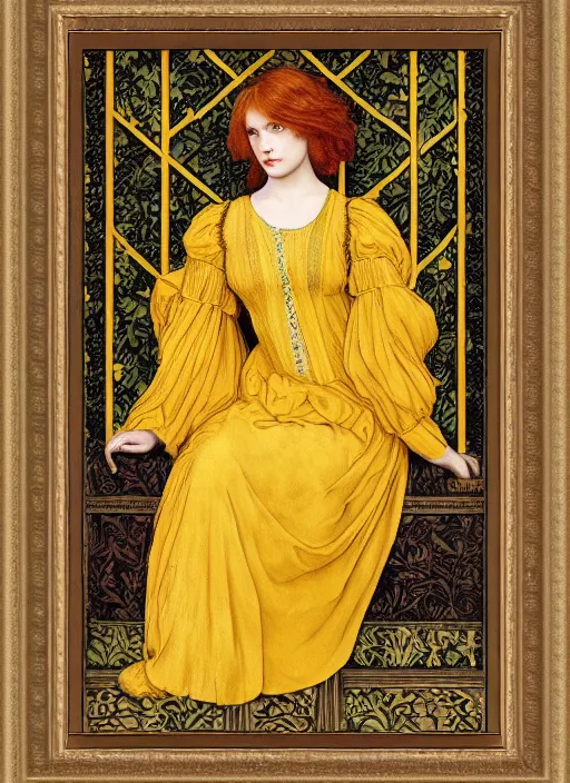 Prompt: preraphaelite full body reclining portrait photography masterpiece, perfectly poised, brown hair fringe, yellow ochre ornate medieval dress, william morris and kilian eng, framed, 4 k