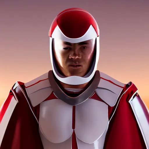 Image similar to portrait of a tall athletic muscular infantry man in glossy sleek white armor with tiny red details and a long red cape, heroic posture, on the surface of mars, night time, dramatic lighting, cinematic, sci-fi, hyperrealistic, movie still