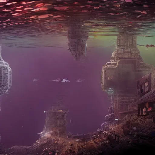 Prompt: a gigantic city base underwater, photo-realistic, colorful, dark, smog, complex, shot by a camera,