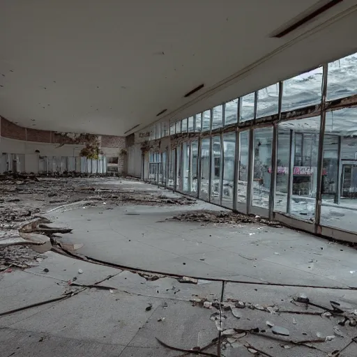 Prompt: an abandoned long forgotten mall with broken windows