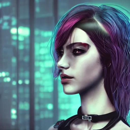 Image similar to realistic female character cyberpunk wearing technological collar around neck, realistic, art, beautiful, 4K, collar, choker, collar around neck, punk, artstation, detailed, female, woman, choker, dark,