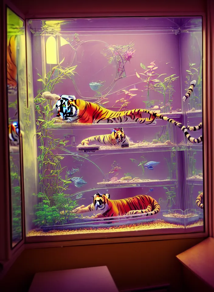 Prompt: telephoto 7 0 mm f / 2. 8 iso 2 0 0 photograph depicting the feeling of chrysalism in a cosy safe cluttered french sci - fi ( ( art nouveau ) ) cyberpunk apartment in a pastel dreamstate art cinema style. ( tiger ) ( ( fish tank ) ), ambient light.