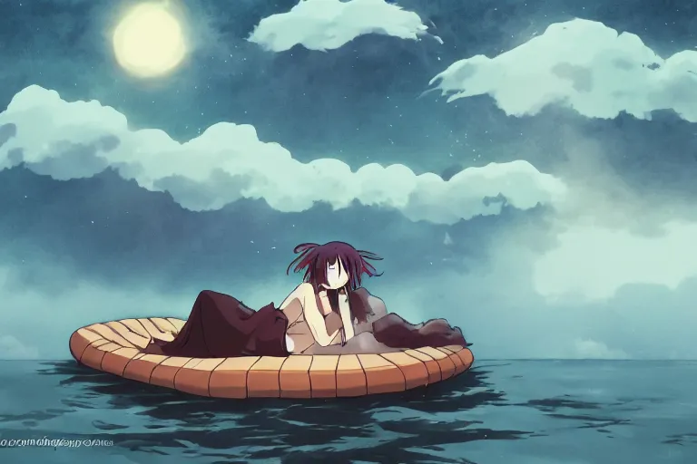 Prompt: anime woman sleeping on a raft, misty, night time, storm in distance, wide angle, by studio ghibli, yuumei, anime, hazy, foggy, ambient lighting, cottagecore,