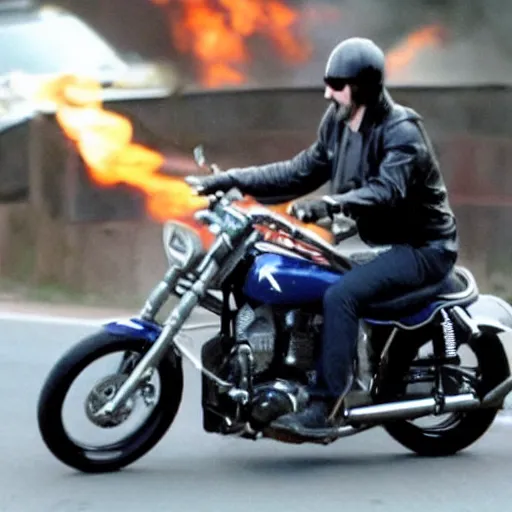 Image similar to Keanu reeves Riding a motorcycle Through Fire 4K detail