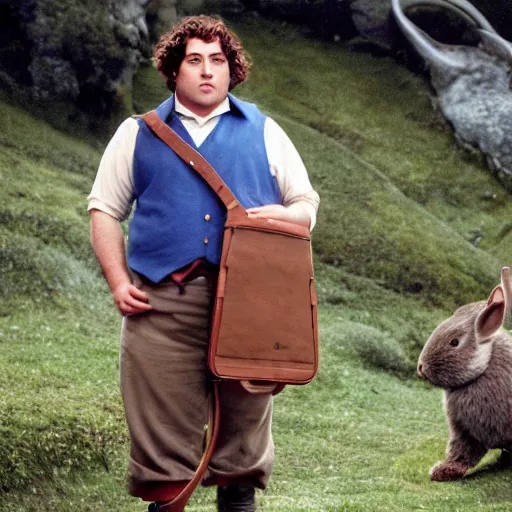 Prompt: clean shaven pudgy British lad with short curly dark brown hair as a hobbit wearing a white men's crossbody sling chest bag and blue vest standing next to a giant rabbit, blue vest! white crossbody chestbag! high resolution film still, movie by Peter Jackson