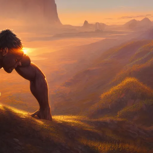 Prompt: a beautiful ultradetailed painting of a colossus giant warrior walking through the edge of the world, golden hour, Albert Bierdstat, Makoto Shinkai, 4k, trending on artstation,Aerial Photography, Ultrawide Lens