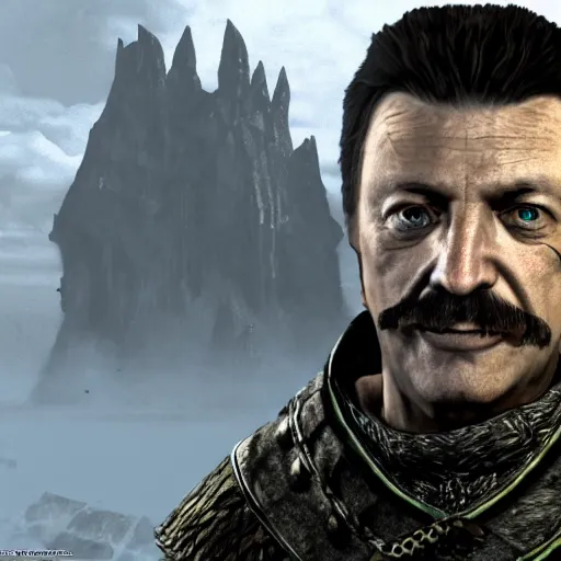 Image similar to Igor Ghirkin Strelkov in The Elder Scrolls V: Skyrim, cinematic still