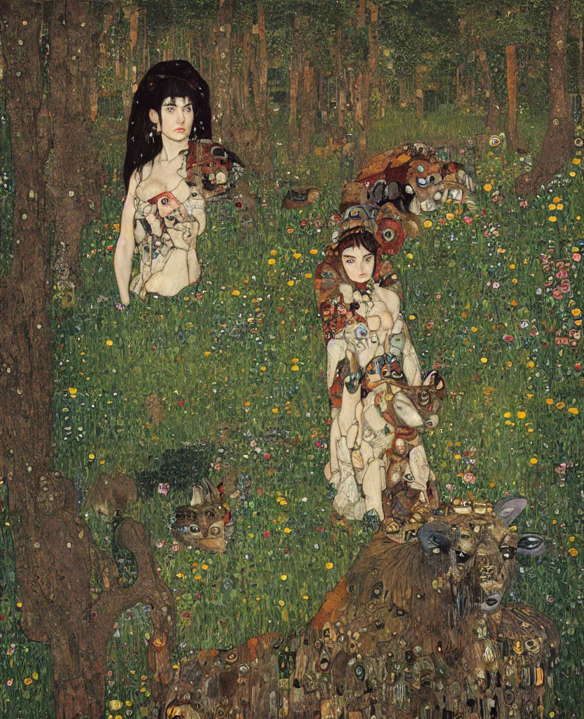 Image similar to portrait of fierce Princess Mononoke, fully clothed in armor, lush forest landscape, painted by Gustav Klimt, norman rockwell, james gurney, denoised, sharp, architectural