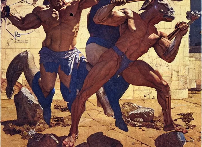 Image similar to full body portrait of dorian yates as the greek minotaur, dynamic action, by norman rockwell and jesper ejsing and tom lovell and frank schoonover