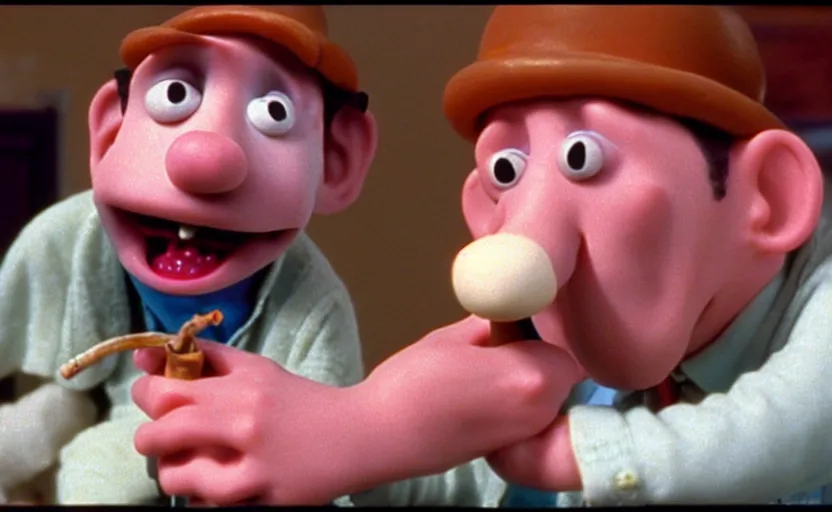 Image similar to Wallace smoking crack from a crack pipe in a still from the short movie A Grand Day Out (1989), crack cocaine, Wallace and Gromit, Aardman Animations, claymation, 4k, high quality