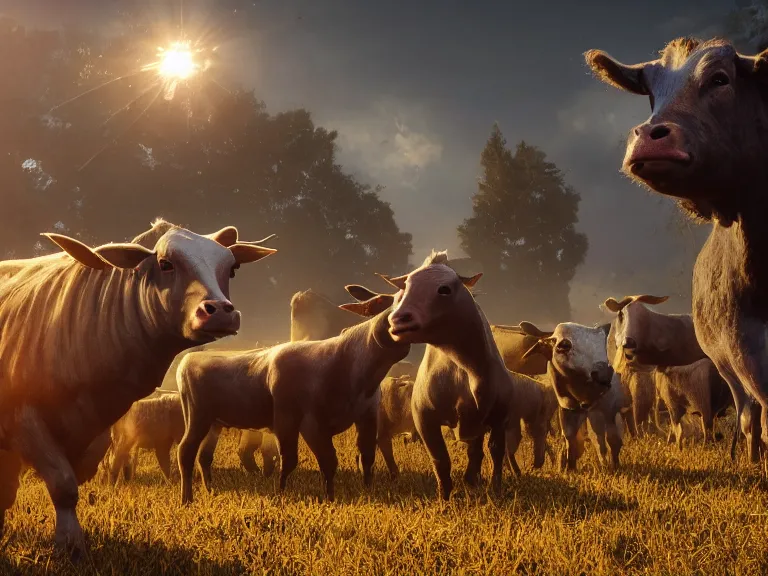 Image similar to livestock revolting against farmers, 8 k, ultra realistic, lens flare, atmosphere, glow, detailed, intricate, full of colour, cinematic lighting, trending on artstation, 4 k, hyperrealistic, focused, extreme details, unreal engine 5, cinematic, masterpiece