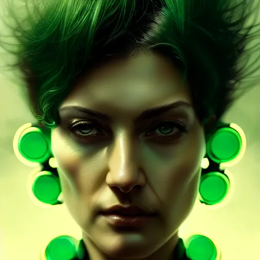 Image similar to woman with extremely large and intricate haircut with angry green eyes and slim features looking askance, eye cyberpunk bionics, retro futurist style, intricate, elegant gleaming intricate baroque jewelry, angelic halo, highly detailed, digital painting, artstation, concept art, smooth, sharp focus, illustration, art by wlop, mars ravelo and greg rutkowski,