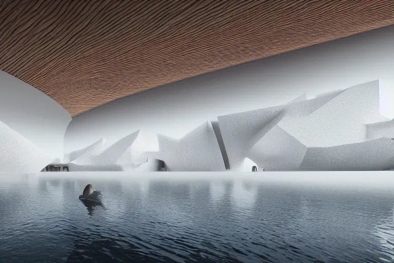 Prompt: white egg spaces of different sizes intersect and combine to form coral like buildings. on the calm lake surface, people's perspective, future, interior wood, marble, award winning, highly detailed 4 k art, dusk, unreal engine highly rendered, global illumination, radial light, internal environment by kazuyo sejima