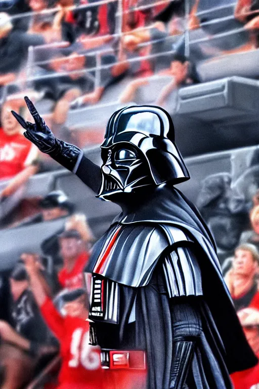 Image similar to Darth Vader happily cheering in the stands at a football game oil on canvas, intricate, portrait, 8k highly professionally detailed, HDR, CGsociety