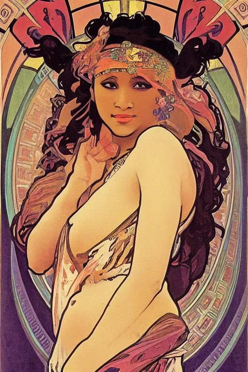 Image similar to painting of nikki minaj as the greek goddess of nail polish, by alphonse mucha