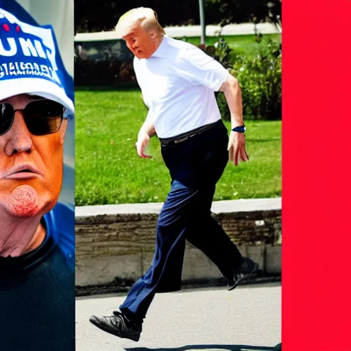 Image similar to Donald Trump running in a marathon while eating a fat slice of pizza, photorealistic