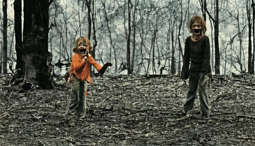 Image similar to 7 0 s film still from a horror movie about a burning tree and a laughing kid, kodachrome, cinecolor, cinestill, film grain, film texture, retro, cinematic, high resolution, photorealism,