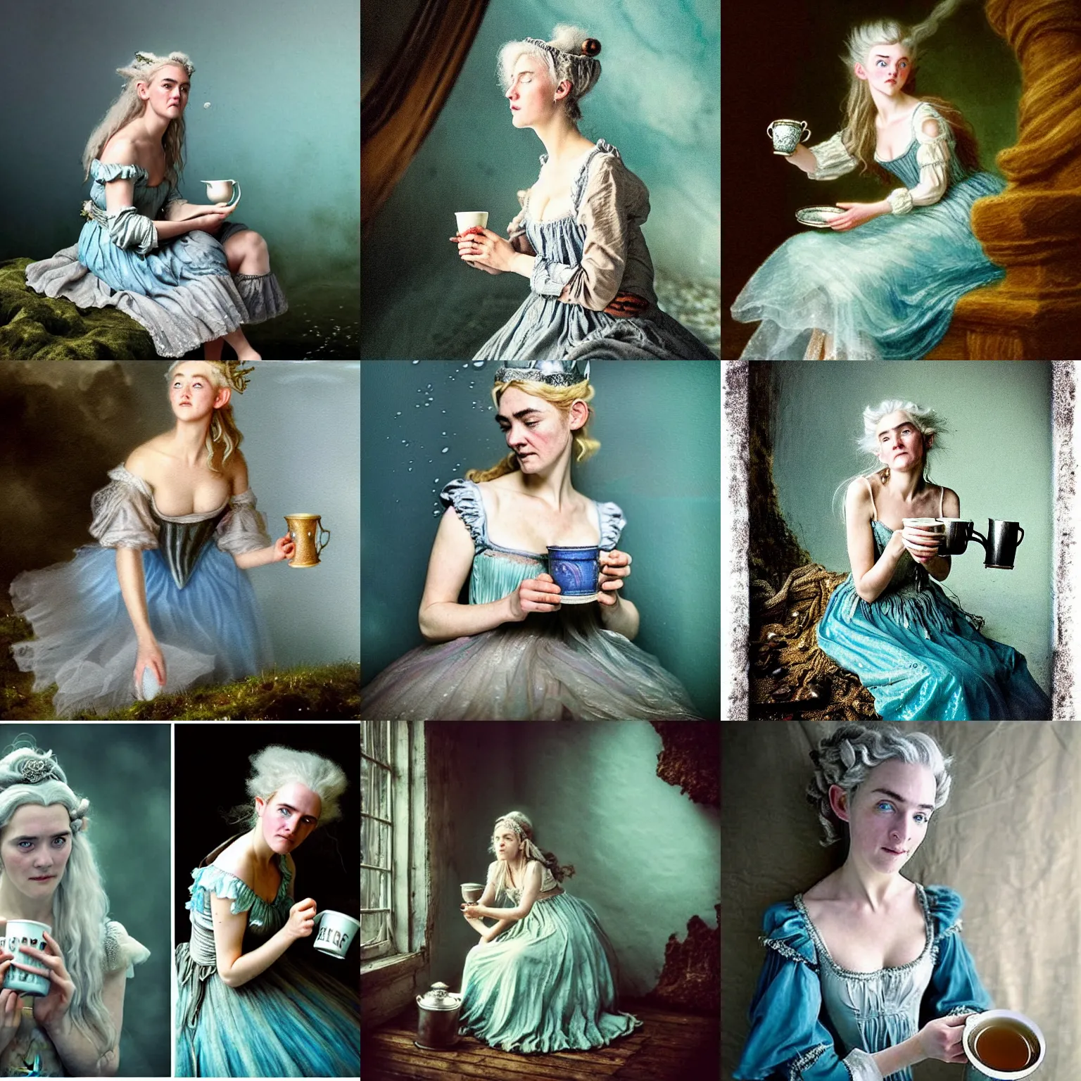 Image similar to A 18th century, messy, silver haired, (((mad))) elf princess (similar to young Kate Winslet), dressed in a ((ragged)), wedding dress, is ((drinking a cup of tea)). Everything is underwater and floating. Greenish blue tones, theatrical, (((underwater lights))), high contrasts, fantasyconcept art, inspired by John Everett Millais's Ophelia