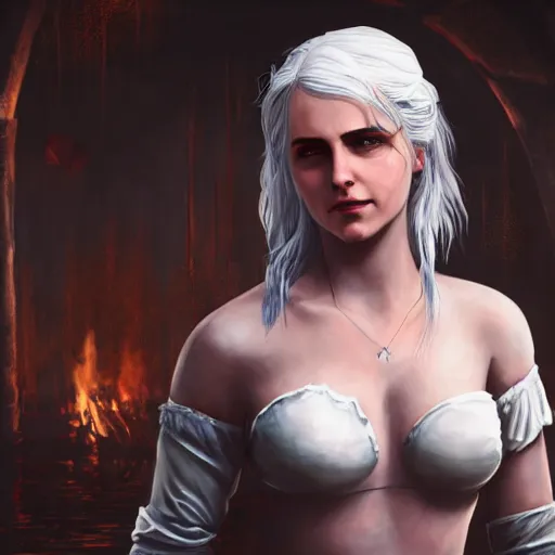 Image similar to painting of Ciri from the Witcher 3 in wooden bath, 8k, uhd