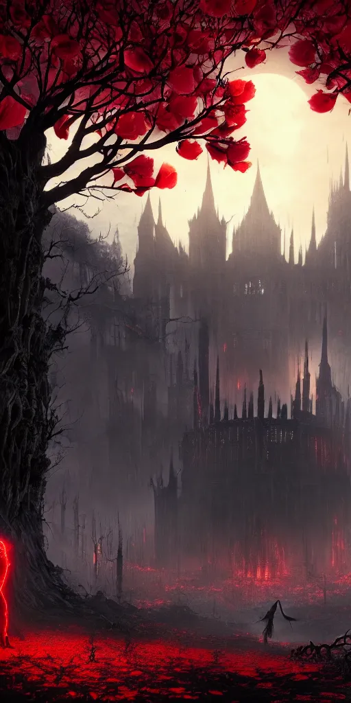 Image similar to abandoned bloodborne old valley with a person at the centre and a ruined gothic city at the end of the valley, trees and stars in the background, falling red petals, epic red - orange moonlight, perfect lightning, wallpaper illustration by niko delort and kentaro miura, 4 k, ultra realistic