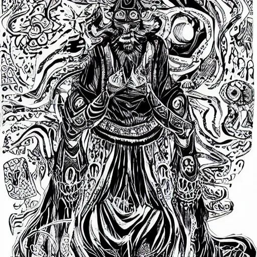 Prompt: black and white pen and ink!!!!!!! Suprani!!!!! wizard Silent Bob wearing High Cosmic print robes made of stars flaming!!!! final form flowing ritual royal!!! Vagabond!!!!!!!! floating magic swordsman!!!! glides dancing through a beautiful!!!!!!! Camellia!!!! Tsubaki!!! death-flower!!!! battlefield behind!!!! dramatic esoteric!!!!!! Long hair flowing dancing illustrated in high detail!!!!!!!! by Hiroya Oku!!!!!!!!! graphic novel published on 2049 award winning!!!! full body portrait!!!!! action exposition manga panel black and white Shonen Jump issue by David Lynch eraserhead and beautiful line art Hirohiko Araki!! Frank Miller, Kentaro Miura!, Jojo's Bizzare Adventure!!!! 3 sequential art golden ratio technical perspective panels horizontal per page