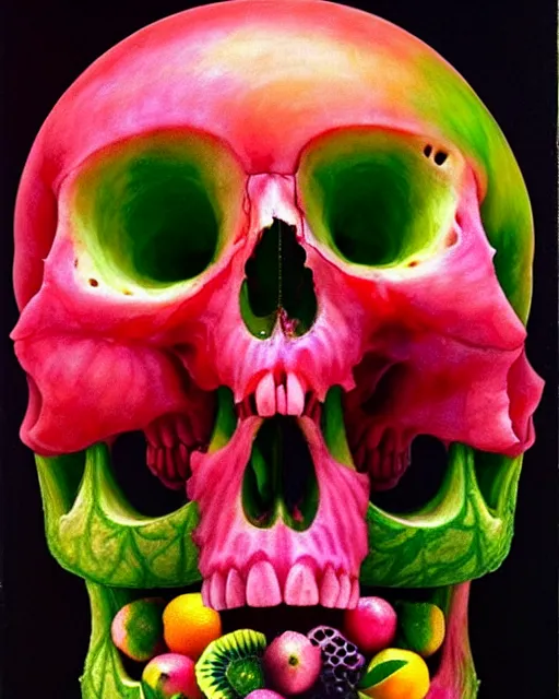 Image similar to interdimensional human watermelon skull being made out of fruits, ethereal still life renaissance painting by giuseppe arcimboldo and alex grey