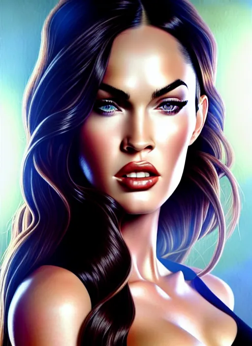 Image similar to megan fox in the style of stefan kostic, realistic, full body shot, wide angle, sharp focus, 8 k high definition, insanely detailed, intricate, elegant, art by stanley lau and artgerm, floating embers