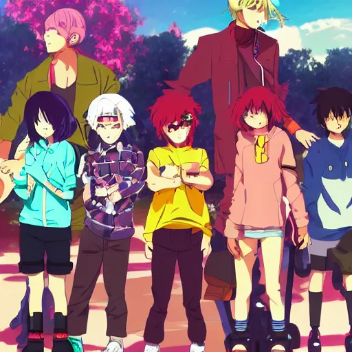 Image similar to gang of anime youths rollerblading, rollerskating, colorful clothes, 2 0 0 1 anime, flcl, jet set radio future, golden hour, japanese town, cel - shaded, strong shadows, vivid hues, y 2 k aesthetic