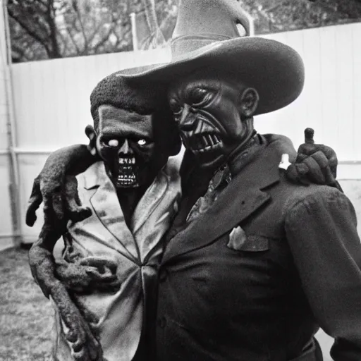 Prompt: a scary demon hugging robert johnson at a mcdonald's playground, photograph