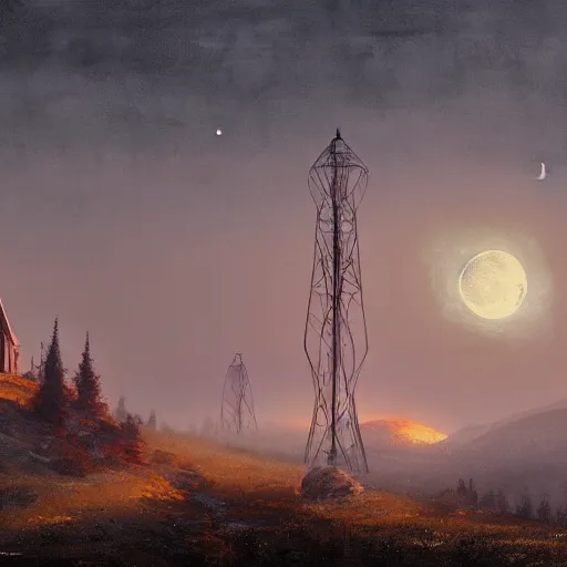 Prompt: Mountain covered with mist and radio tower on top of it, yellow moon directly behind. highly detailed art of Greg Rutkowski, night setting, 4k artsrstion trending