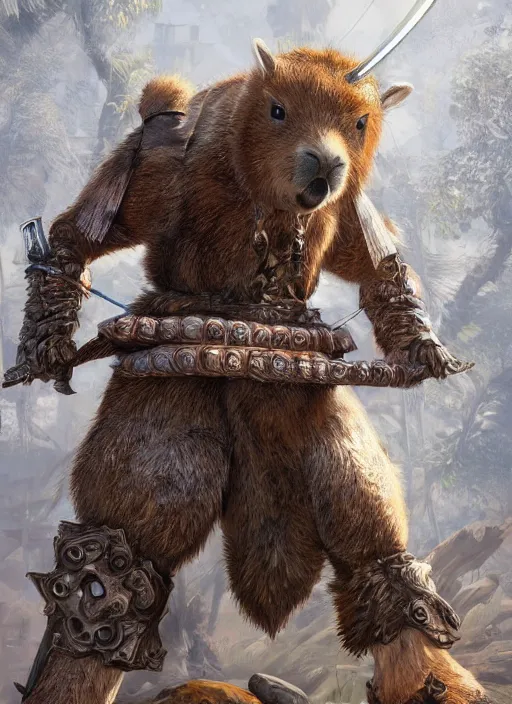 Image similar to detailed full body concept art illustration, oil painting on canvas of an anthropomorphic capybara barbarian swinging a two handed sword in full intricate clothing, biomutant, dystopian, micro detail, octane render, 4K