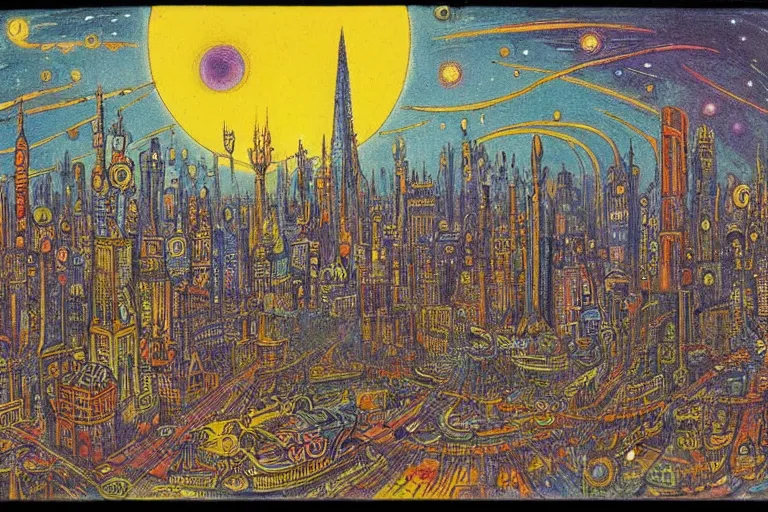 Image similar to victorian scifi cityscape by Louis Wain (1920)