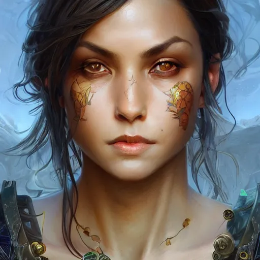 Image similar to beautiful, strong, mixed race, female, aged 4 0, face, head shot, fantasy, highly detailed, digital painting, artstation, concept art, smooth, sharp focus, illustration, art by artgerm and greg rutkowski and alphonse mucha