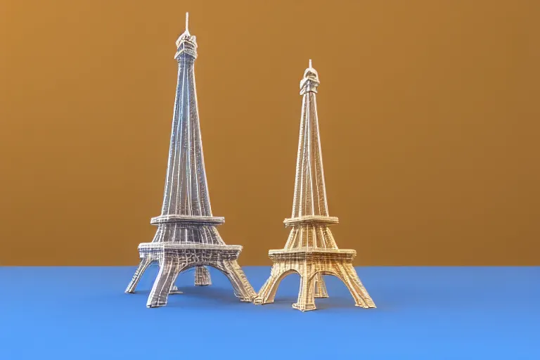 Image similar to 3d render of a small Eiffel Tower model made of Swiss cheese, blue background, soft lighting