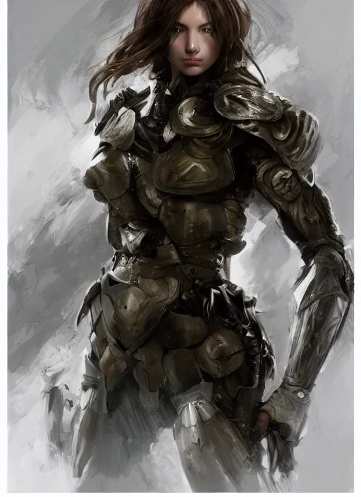 Prompt: a professional photographic portrait of a beautiful young girl, clothed in battle armor, exposed waist, olive skin, long dark hair, beautiful bone structure, symmetrical facial features, intricate, elegant, digital painting, concept art, smooth, sharp focus, illustration, beautifully framed, from Metal Gear, by Ruan Jia and Mandy Jurgens and Artgerm and William-Adolphe Bouguerea