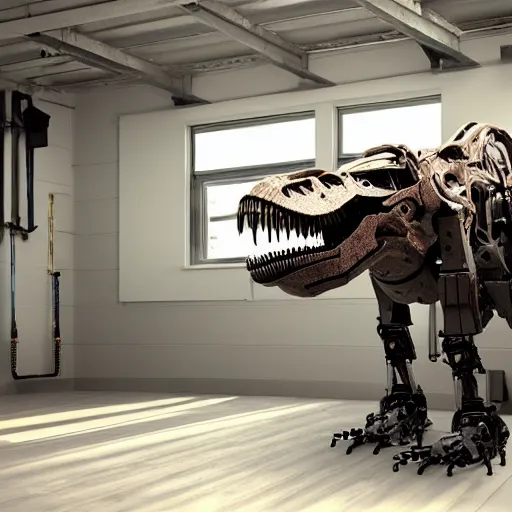 Image similar to a robot t-rex in a garage, octane render, 3D, 8k, Extremely detailed, accurate
